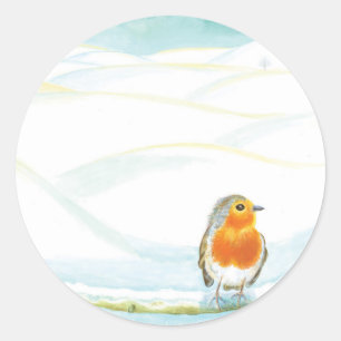 Sticker Rond Illustration Du Paysage D'Hiver Avec Robin