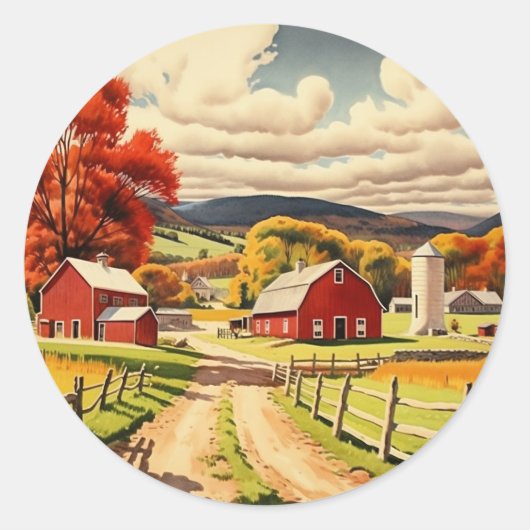 Sticker Rond Illustration d'une ferme d'automne (Devant)