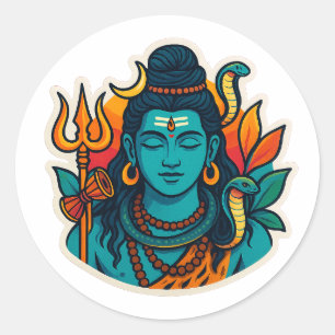 Sticker Rond Illustration minimale de Lord Shiva – Trishul, Dam