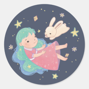Sticker Rond Illustration Starry Night Bunny & Girl
