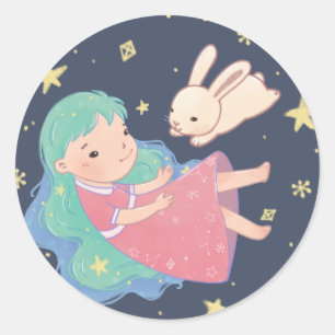 Sticker Rond Illustration Starry Night Bunny & Girl