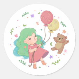Sticker Rond Illustration Teddy Bear & Girl