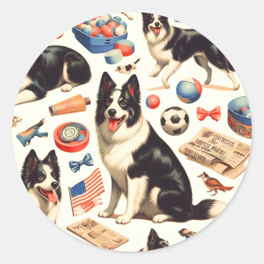 Sticker Rond Illustration vintage Collie Bordure (Devant)