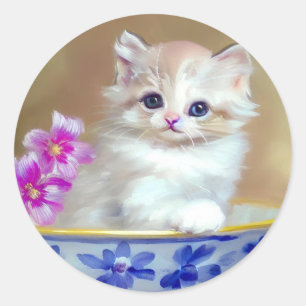Sticker Rond Illustration vintage de chaton blanc