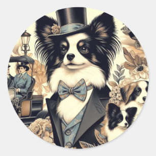 Sticker Rond Illustration vintage de chien Papillon