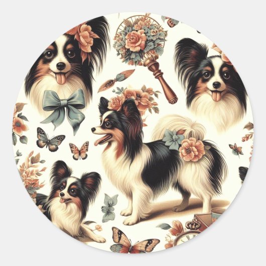 Sticker Rond Illustration Vintage de chien Papillon (Devant)