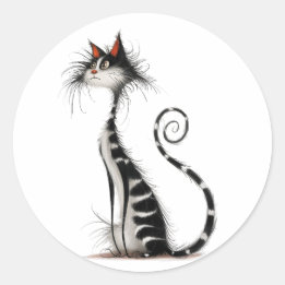 Sticker Rond Illustration Whimsical Black Striped Cat