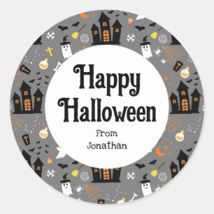 Sticker Rond Illustré Motif d'Halloween avec gris, noir