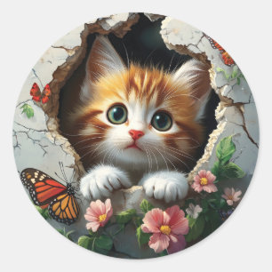 Sticker Rond Image 3D d'un petit chaton mignon regardant dehors