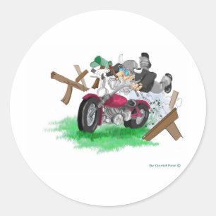 Sticker Rond Image amusante de l'homme sur la moto s'écrasant