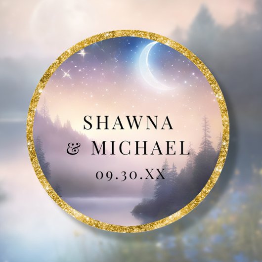 Sticker Rond Imaginaire Lune Star Mountain Lake Élégant mariage