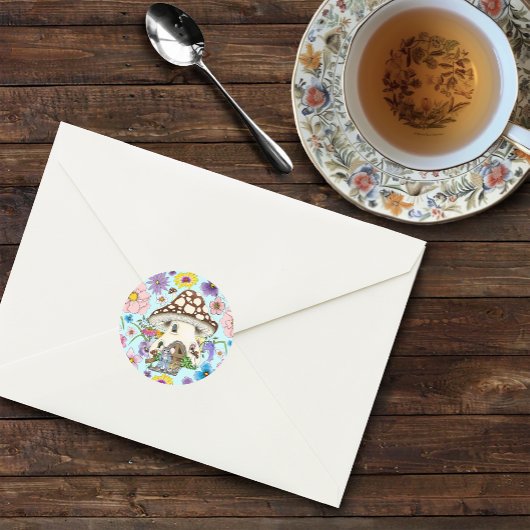 Sticker Rond Imaginaire Souris Champignon Maison Floral