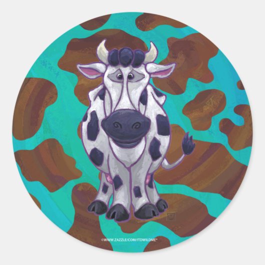 Sticker Rond Impression Brown et Turquoise de vache (Devant)
