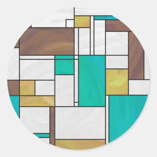 Sticker Rond Impression Brown jaune Turquoise Mondrial (Devant)