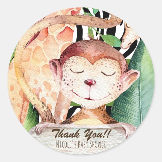Sticker Rond Impression d'animaux de Jungle Singe & Girafe Bébé (Devant)