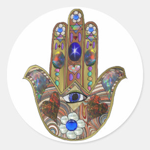 Sticker Rond Impression d'art opale cœurs Hamsa Judaica