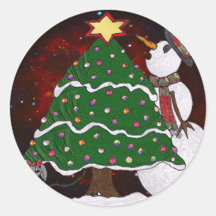 Sticker Rond Impression d'art Surprise Bonhomme de Neige Arbre