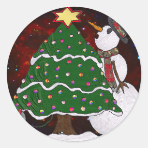 Sticker Rond Impression d'art Surprise Bonhomme de Neige Arbre