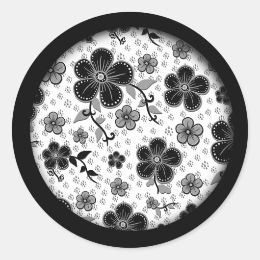 Sticker Rond Impression florale noire et blanche (Devant)
