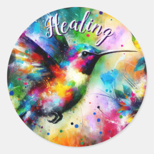 Sticker Rond Impressionniste Whimsical Colibri Turquoise violet