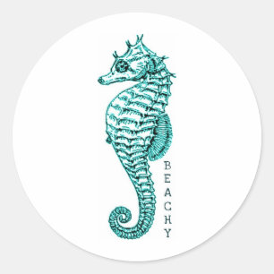 STICKER ROND IMPRIMANTE PLAGE SEAHORSE EN TURQUOISE