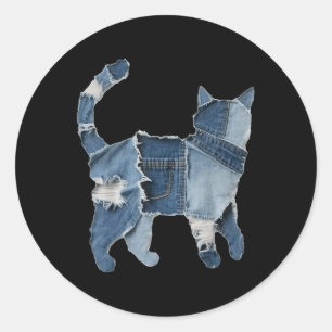 Sticker Rond Imprimé animal de chat en patch en denim drôle rét