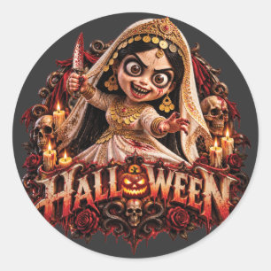 Sticker Rond Imprimé d'art Halloween de mariée zombie effrayant