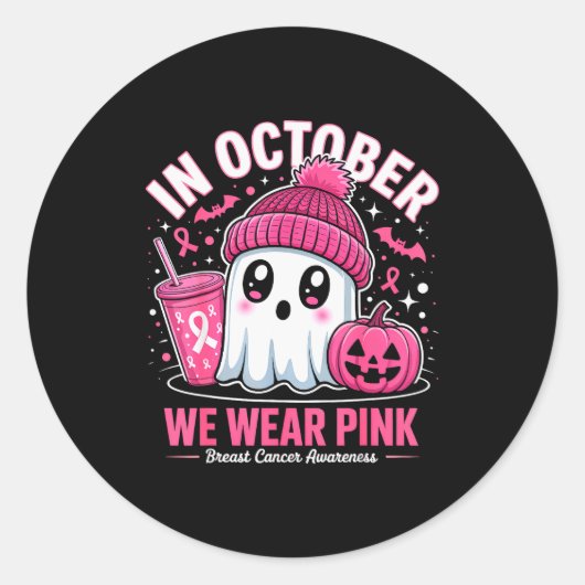 Sticker Rond In October We Wear Nk Ghost Witch Breast Cancer Aw (Devant)