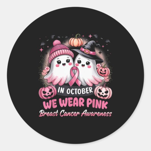 Sticker Rond In October We Wear Nk Ghost Witch Breast Cancer Aw (Devant)