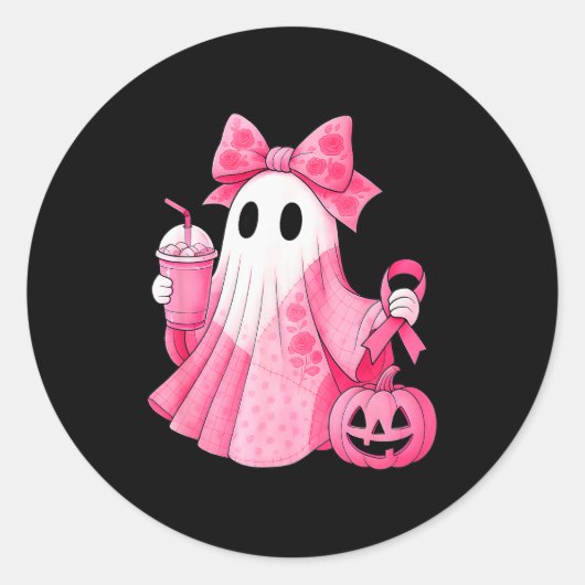 Sticker Rond In October We Wear Nk Ghost Witch Breast Cancer Aw (Devant)
