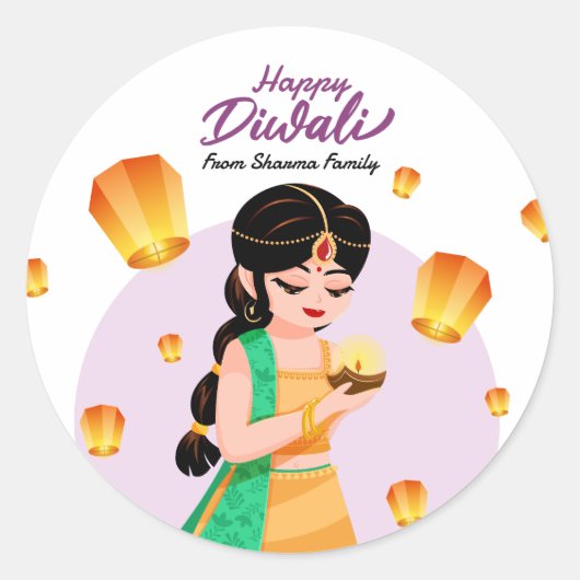 Sticker Rond Indian Girl with Floating Lanterns Happy Diwali (Devant)