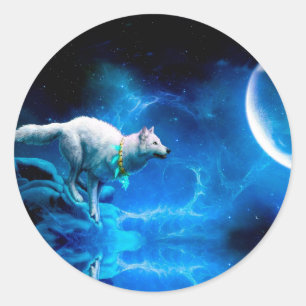 Sticker Rond Indian wolf and the full moon