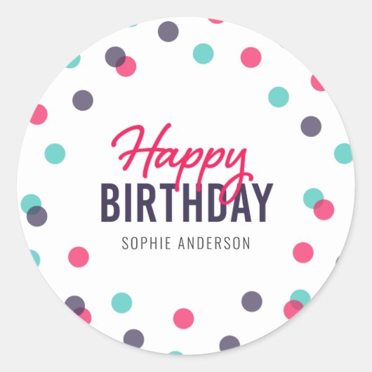 Sticker Rond Indigo Pink Turquoise Confetti Joyeux anniversaire (Devant)