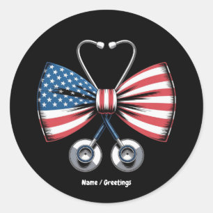 Sticker Rond Infirmière 4 juillet Amérique Coquette Bow Stethos