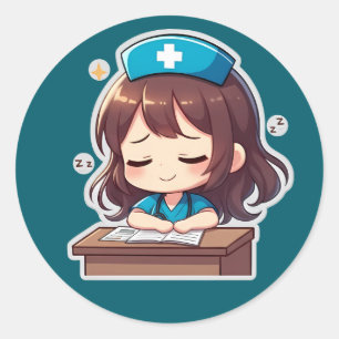 Sticker Rond Infirmière Chibi Originale - Un peu d'épuisement