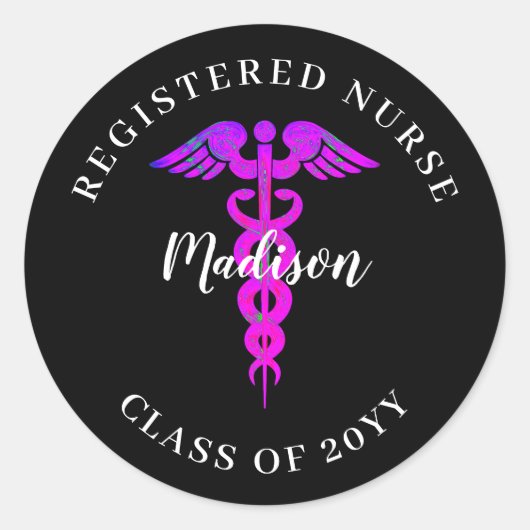 Sticker Rond Infirmière Diplôme Noir rose Médicale Nom (Devant)