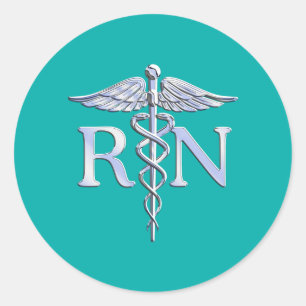 Sticker Rond Infirmière inscrite RN Silver Caduceus sur Turquoi