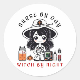 Sticker Rond infirmière par la sorcière de jour par la nuit mig
