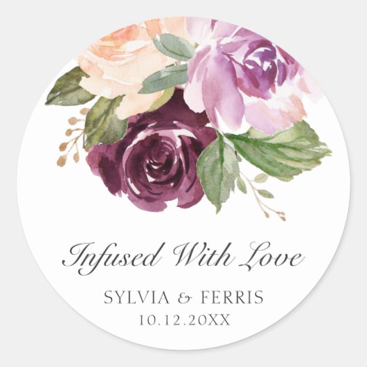 Sticker Rond Infusé Avec Amour Moody Plum Floral Mariage Faveur (Devant)