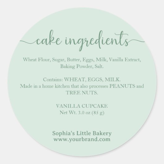 Sticker Rond Ingrédients de gâteau de script pastel vert minima (Devant)