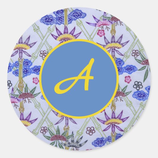 STICKER ROND INITIAL PERSONNALISÉ AVEC FLEURS BLEU (Devant)