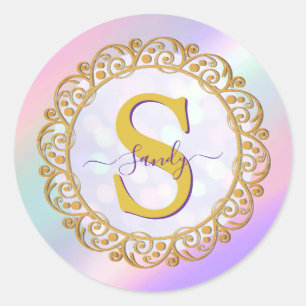 Sticker Rond Initiale Iridescente Chic Avec Défilement Or