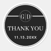 Sticker Rond Initiales blanches et mariage de Merci rayé noir (Devant)