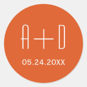 Sticker Rond Initiales blanches, mariage orange simple et éléga (Devant)