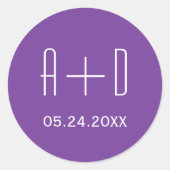 Sticker Rond Initiales blanches, mariage violet simple et éléga (Devant)