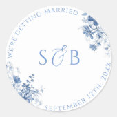 Sticker Rond Initiales d'autocollant de mariage rond floral ble (Devant)