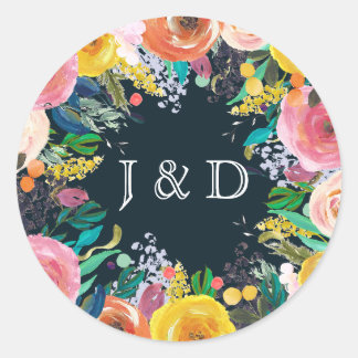 Sticker Rond Initiales de cercle de couronne florale peinte éti