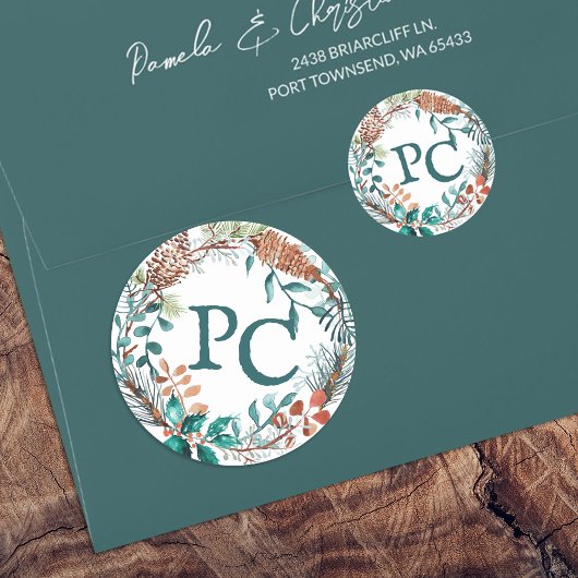 Sticker Rond Initiales de la couronne d'Eucalyptus Pinecone en 