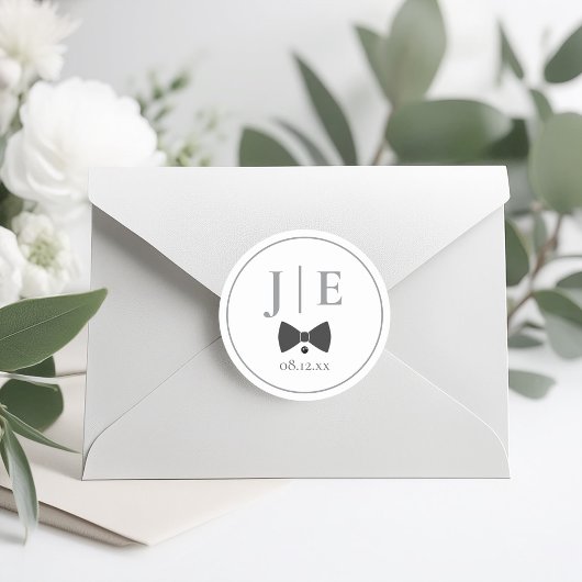 Sticker Rond Initiales de Mariage de Cravate de Bow Noir sur me