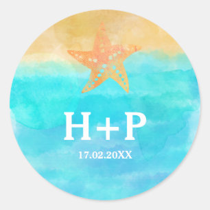 Sticker Rond Initiales de mariage d'étoiles de mer d'aquarelles